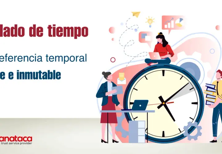 Ilustración de "Sellado de tiempo", con personas trabajando alrededor de un reloj gigante, simbolizando la referencia temporal fiable e inmutable.