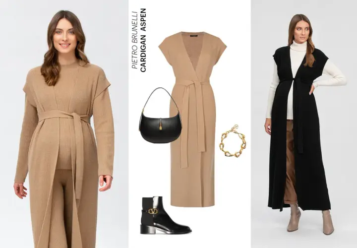Moda comoda e chic per chi cerca come vestirsi dopo il parto: cardigan lunghi, abiti morbidi, stivali e borsa.