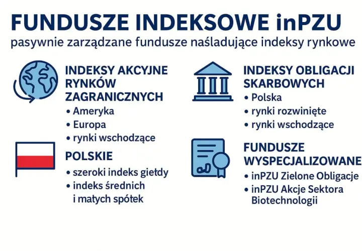 Fundusze indeksowe inPZU: akcyjne rynków zagranicznych, polskie, obligacji skarbowych i wyspecjalizowane.