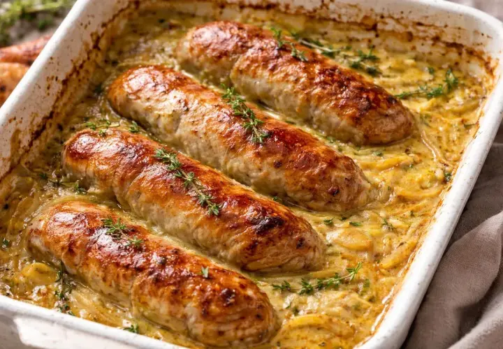 Quatre andouillettes dorées mijotent dans une sauce crémeuse aux herbes, prêtes à être dégustées. Un plat réconfortant et savoureux.
