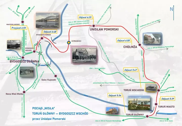 Mapa kolejowa z trasą pociągu "Wisła" między Toruniem Głównym a Bydgoszczą Wschód, przez Unisław Pomorski. Widoczne stacje i linie kolejowe, w tym fragmenty z Bydgoszcz i Brodnica.