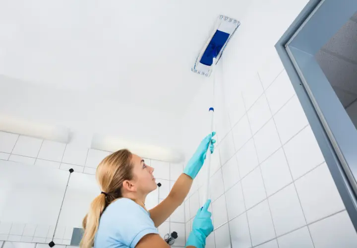 Femme nettoyant le plafond avec une raclette. Le sens de pose du lambris PVC au plafond est important pour un résultat impeccable.