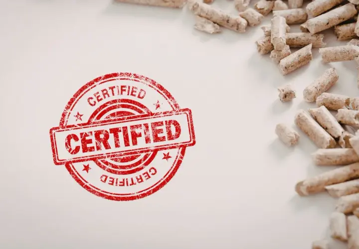 Certyfikowany pellet, potwierdzający, że pellet jest odnawialnym źródłem energii, leży obok czerwonego stempla.