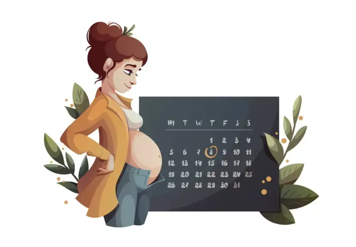 Donna incinta guarda un calendario, con l'8 cerchiato, forse la data concepimento.