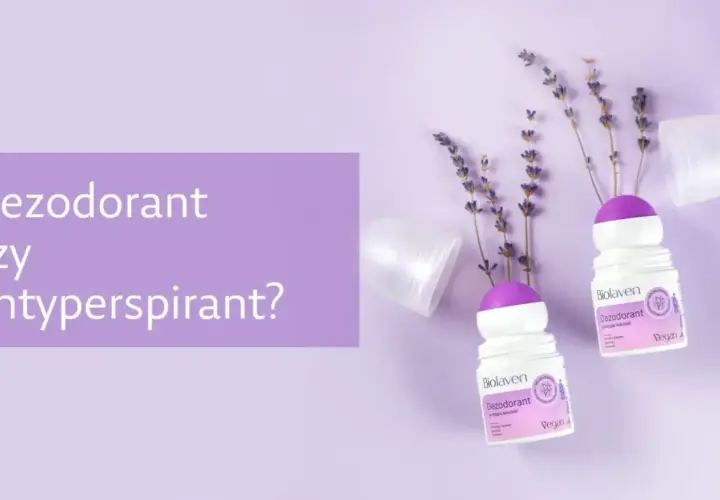 Dwa dezodoranty Biolaven z lawendą, obok pytania "Dezodorant czy antyperspirant?".
