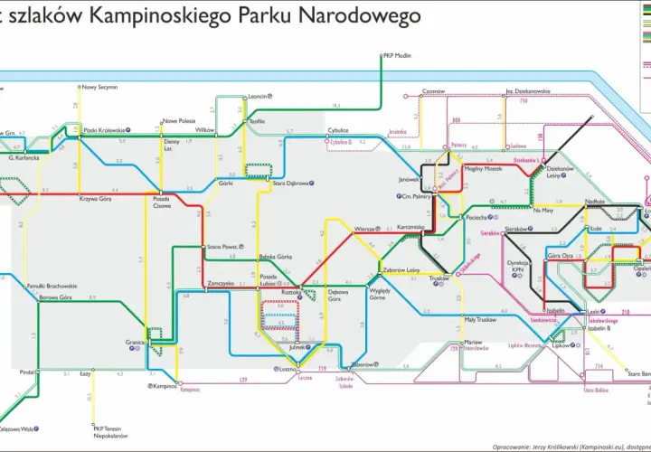 Mapa szlaków Kampinoskiego Parku Narodowego, idealna na wycieczkę z psem.
