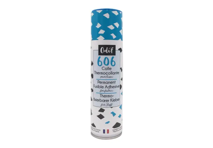 Bouteille de colle thermocollante Odif 606, idéale pour enlever colle thermocollant sur tissu et fixer durablement.