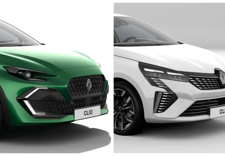 Zielony i biały Renault Clio 6 obok siebie, prezentujące różne wersje przodu.