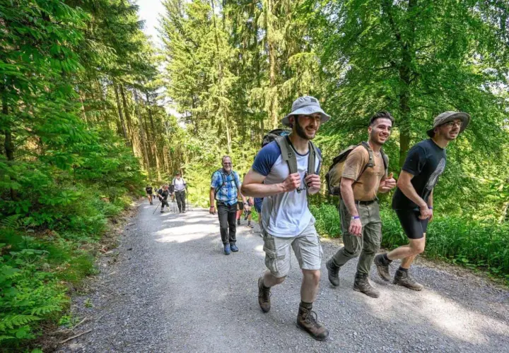 Grupo de excursionistas disfrutando de rutas de senderismo para principiantes en un bosque frondoso.