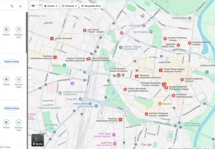 Mapa Poznania z zaznaczonymi doradcami kredytowymi i ekspertami finansowymi.