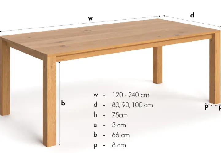 Projekt stołu drewnianego z litego dębu. Wymiary: szerokość 120-240 cm, głębokość 80-100 cm, wysokość 75 cm.