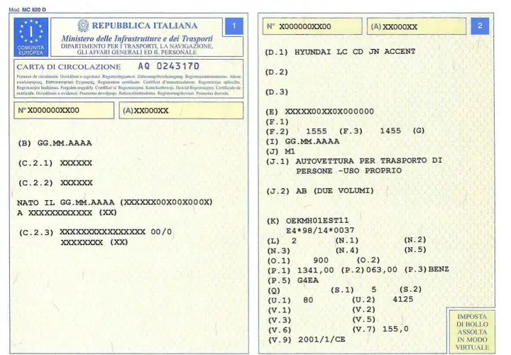 Pagina di un libretto auto con dati di lettura. Informazioni sul veicolo, marca e modello.