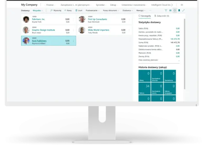 Panel Dynamics 365 Business Central z listą dostawców i statystykami zakupów.