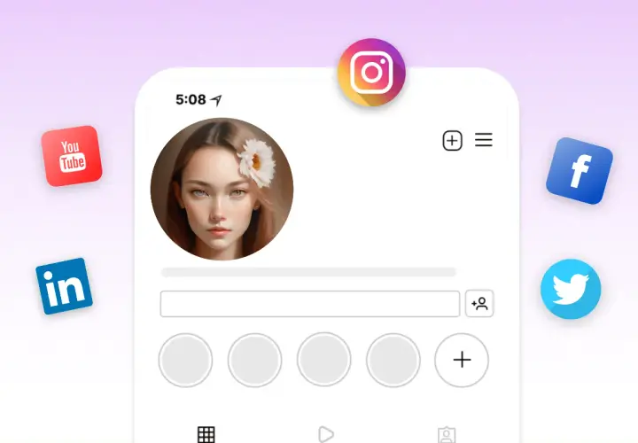 Profil użytkownika z pięknym **awatar**em, otoczony ikonami YouTube, LinkedIn, Instagram, Facebook i Twitter.