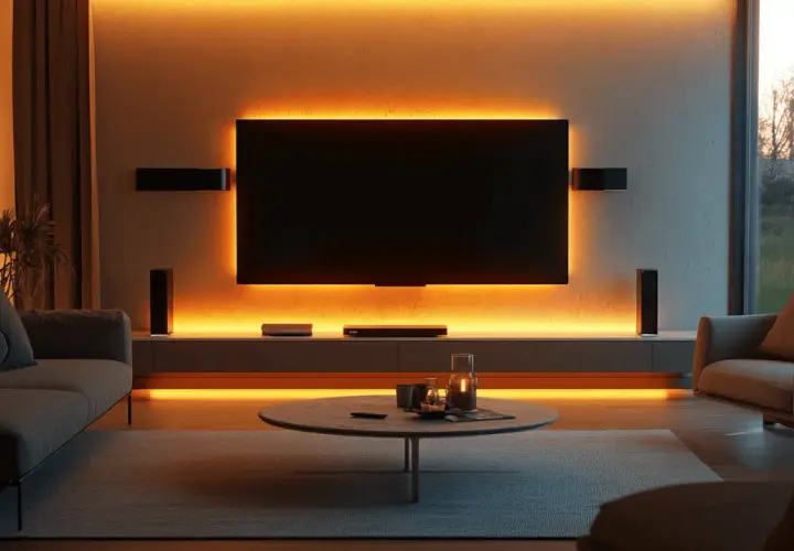 Gemütliche tv wand ideen mit indirekter Beleuchtung und modernen Möbeln.
