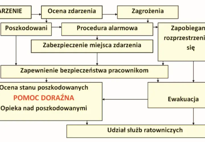 Schemat postępowania w sytuacji kryzysowej: od zdarzenia, przez ocenę, alarm, zabezpieczenie, pomoc poszkodowanym, ewakuację, aż po udział służb ratowniczych.