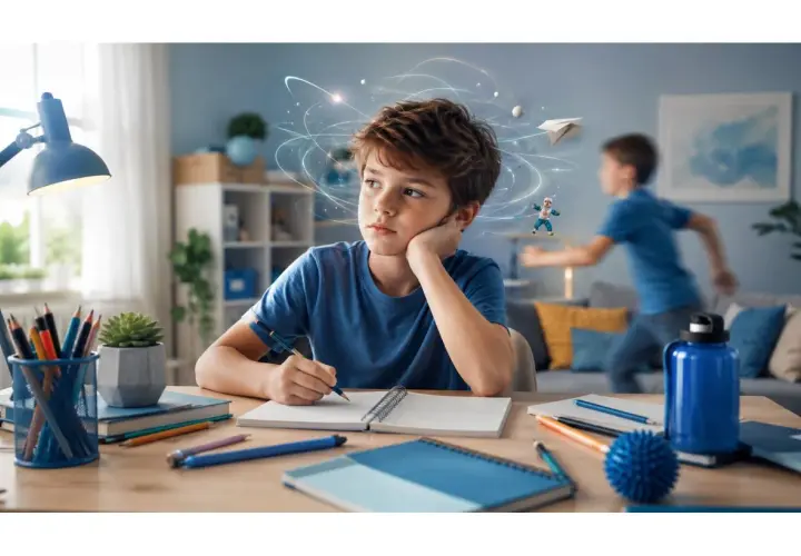 Bambino con ADHD e autismo lotta con i compiti, la mente piena di pensieri vorticosi e distrazioni. Un altro bambino corre sullo sfondo.