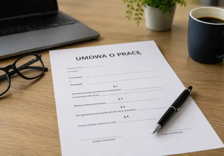 Na biurku leży dokument "Umowa o pracę", obok okulary, laptop i kubek kawy.