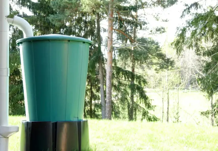 Zielona beczka zbiera wodę opadową z rynny. W tle las i zielona trawa.