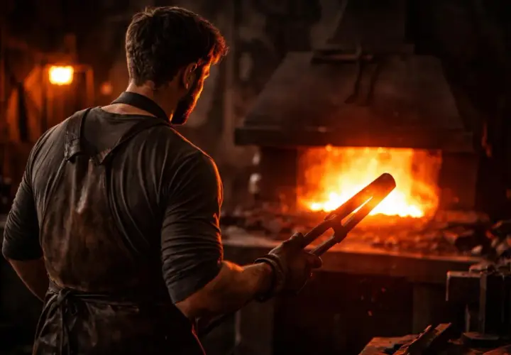 Forger au cœur des flammes, il manie la pince pour nettoyer l'acier noirci, prêt à le façonner.