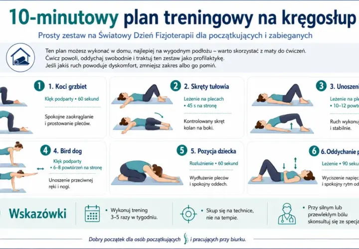 Plan 10-minutowych ćwiczeń na kręgosłup: pozycja dziecka, koci grzbiet, bird dog. Prosta rehabilitacja medyczna dla każdego.