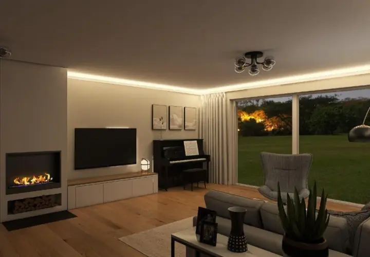 Gemütliches Wohnzimmer mit Kamin, Klavier und Blick ins Grüne. Tolle deko inspiration wohnzimmer für einen entspannten Abend.
