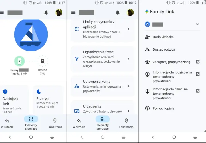 Ekran Family Link. Widzimy opcje jak "Limity korzystania z aplikacji", "Ograniczenia treści", "Ustawienia konta" i "Urządzenia". To pomoże Ci dowiedzieć się, jak wyłączyć kontrolę rodzicielską.