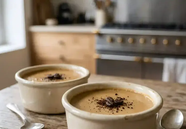 Deux bols de lait de poule crémeux, garnis de grains de café et de cacao, sur une table en bois rustique.