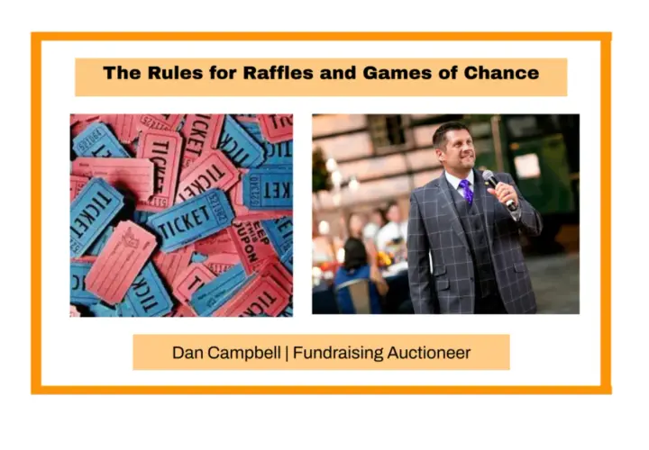 Pile of blue and pink raffle tickets, with a man in a suit speaking into a microphone. Dan Campbell, Fundraising Auctioneer.