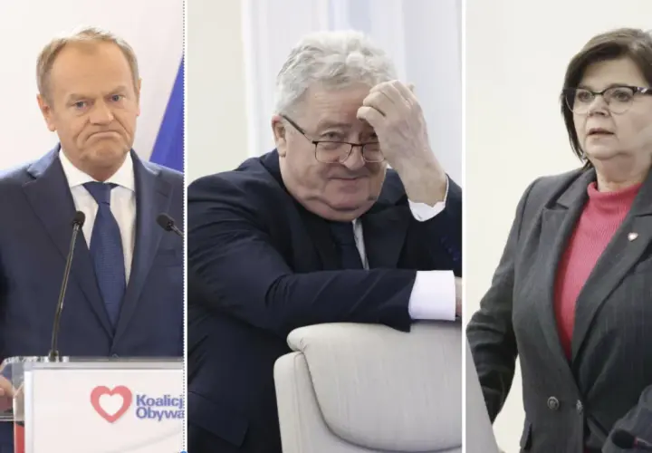 Trzy portrety polityków: Donald Tusk, Włodzimierz Czarzasty i Elżbieta Witek.