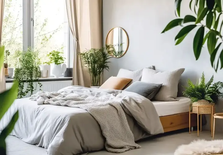 Sypialnia z bujną zielenią. Wiele roślin, które mogą być inspiracją, jakie kwiaty do sypialni, tworzy przytulną atmosferę.
