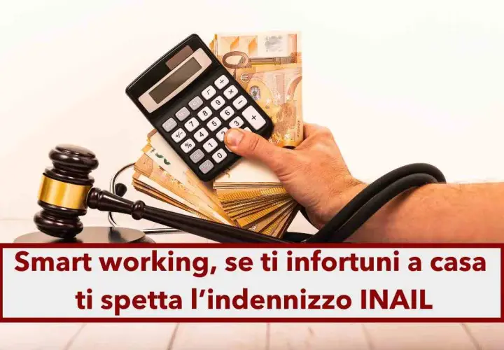 Martelletto da giudice, calcolatrice e banconote: capiamo come funziona l'infortunio sul lavoro e l'indennizzo INAIL per lo smart working.
