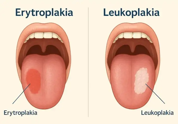 Dwa przykłady chorób jamy ustnej: erytroplakia (czerwona plama na języku) i leukoplakia (biała plama na języku).