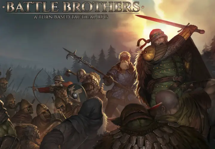 Zacięta bitwa w grze Battle Brothers. Zbrojni wojownicy walczą z potworami, łucznicy celują, a miecz lśni w słońcu.