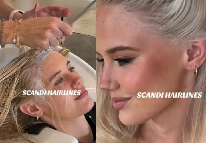 Blondynka w salonie fryzjerskim, gdzie powstaje jej scandi hairline. Włosy są rozjaśniane przy skórze głowy.