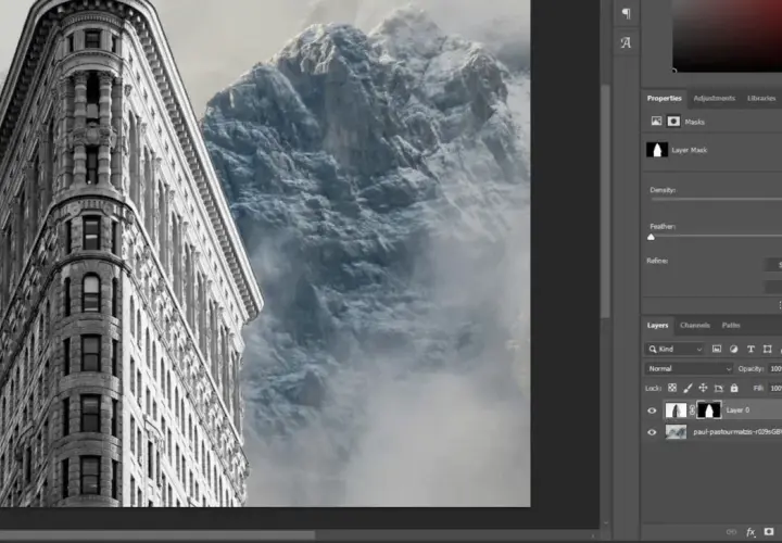 Jak połączyć kilka zdjęć w jedno Photoshop: budynek Flatiron i góry w chmurach, warstwy w programie.