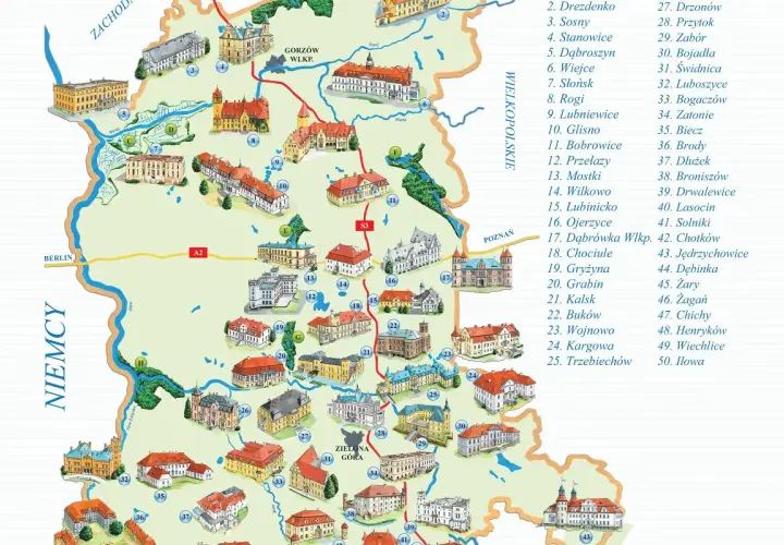 Mapa turystyczna prezentująca zamki lubuskie i okolice.
