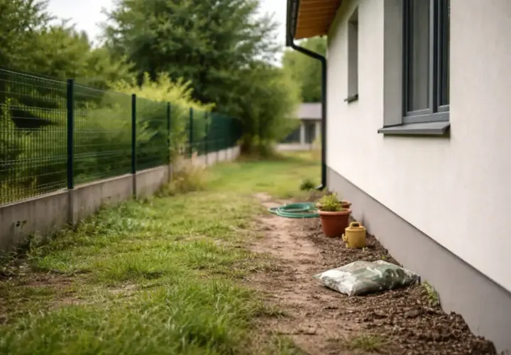 Ścieżka obok domu prowadzi do ogrodzenia. Zastanawiasz się, ile od granicy działki można postawić dom?
