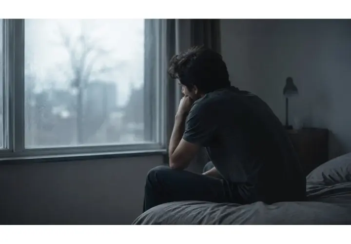 Uomo seduto sul letto, pensieroso, guarda fuori dalla finestra. Potrebbe essere un sintomo di depressione.