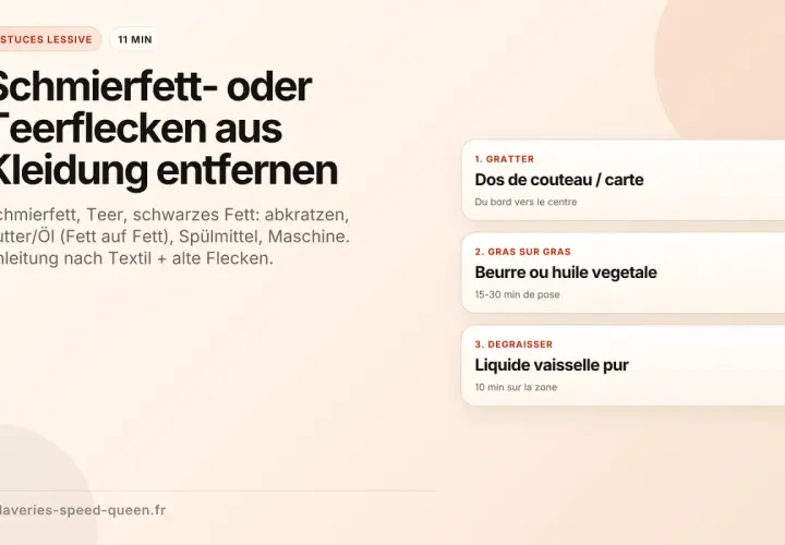 Anleitung zum Teer aus Kleidung entfernen: Schmierfett, Teer, schwarzes Fett abkratzen, dann mit Fett auf Fett, Spülmittel & Maschine behandeln.
