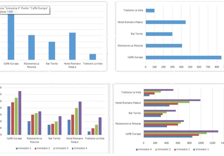 Vari tipi di grafici Excel mostrano dati di vendita per diverse attività commerciali, confrontando trimestri.