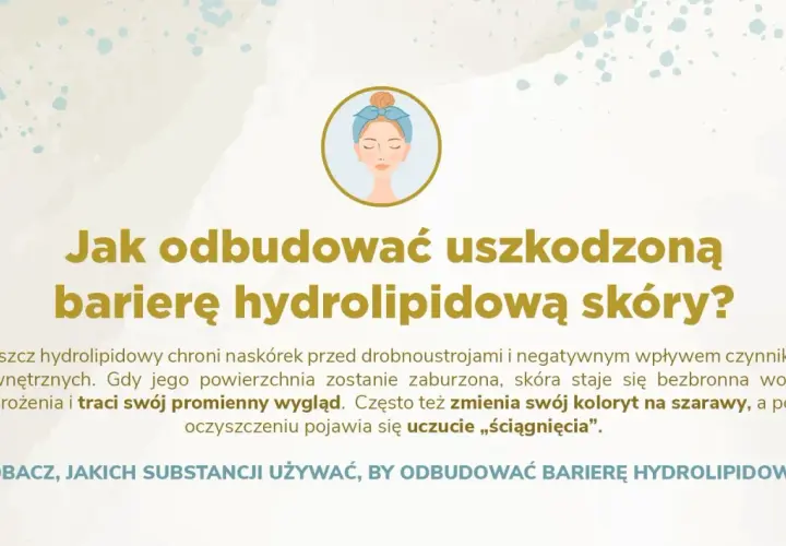 Ilustracja z pytaniem "Jak odbudować uszkodzoną barierę hydrolipidową skóry?". Podkreśla znaczenie płaszcza hydrolipidowego dla ochrony skóry.