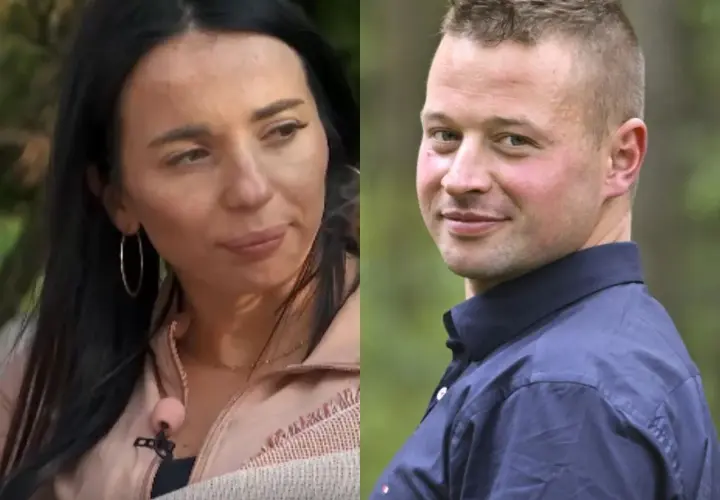 Kobieta i mężczyzna z programu "Rolnik szuka żony 12". Ona w różowej bluzie, on w granatowej koszuli.