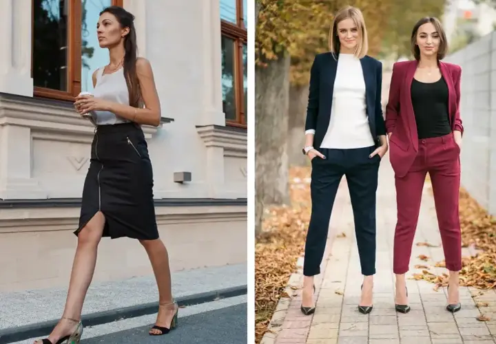 Eleganckie stylizacje na imprezę firmową: czarna spódnica z zamkiem i szpilki, lub garnitury w granacie i bordo.