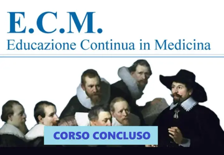 Painting of men in historical attire with text "E.C.M. Educazione Continua in Medicina" and "CORSO CONCLUSO".