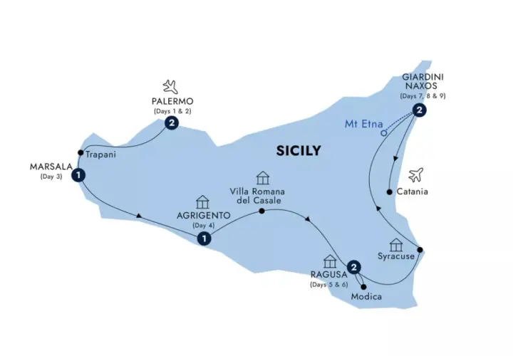 Map showing a 2 week Sicily itinerary, starting in Palermo, then Marsala, Agrigento, Ragusa, Syracuse, Catania, and Giardini Naxos, with Mt Etna highlighted.