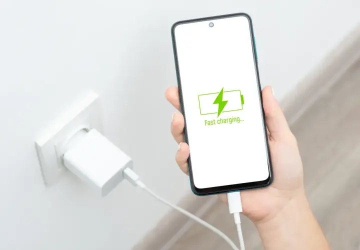 Dłoń trzyma smartfon z ikoną szybkiego ładowania. Czy szybkie ładowanie szkodzi baterii?
