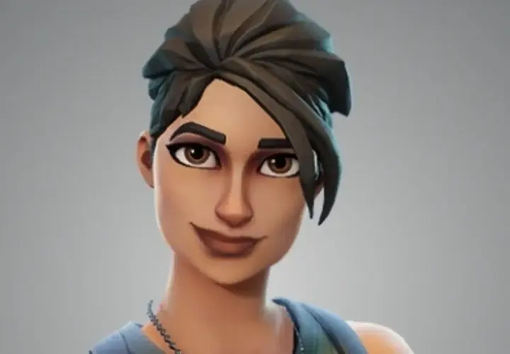 Postać z gry Fortnite, dziewczyna z ciemnymi włosami spiętymi w kok. Jej skóra, czyli bambik skin, jest gotowa do walki.
