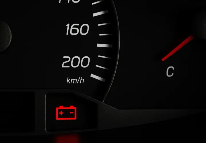 Cruscotto auto: spia volante rossa accesa, indicatore batteria in avaria.