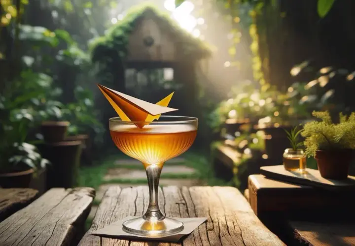 Złocisty drink w kieliszku, ozdobiony papierowym samolocikiem, na tle bujnej, zielonej scenerii.